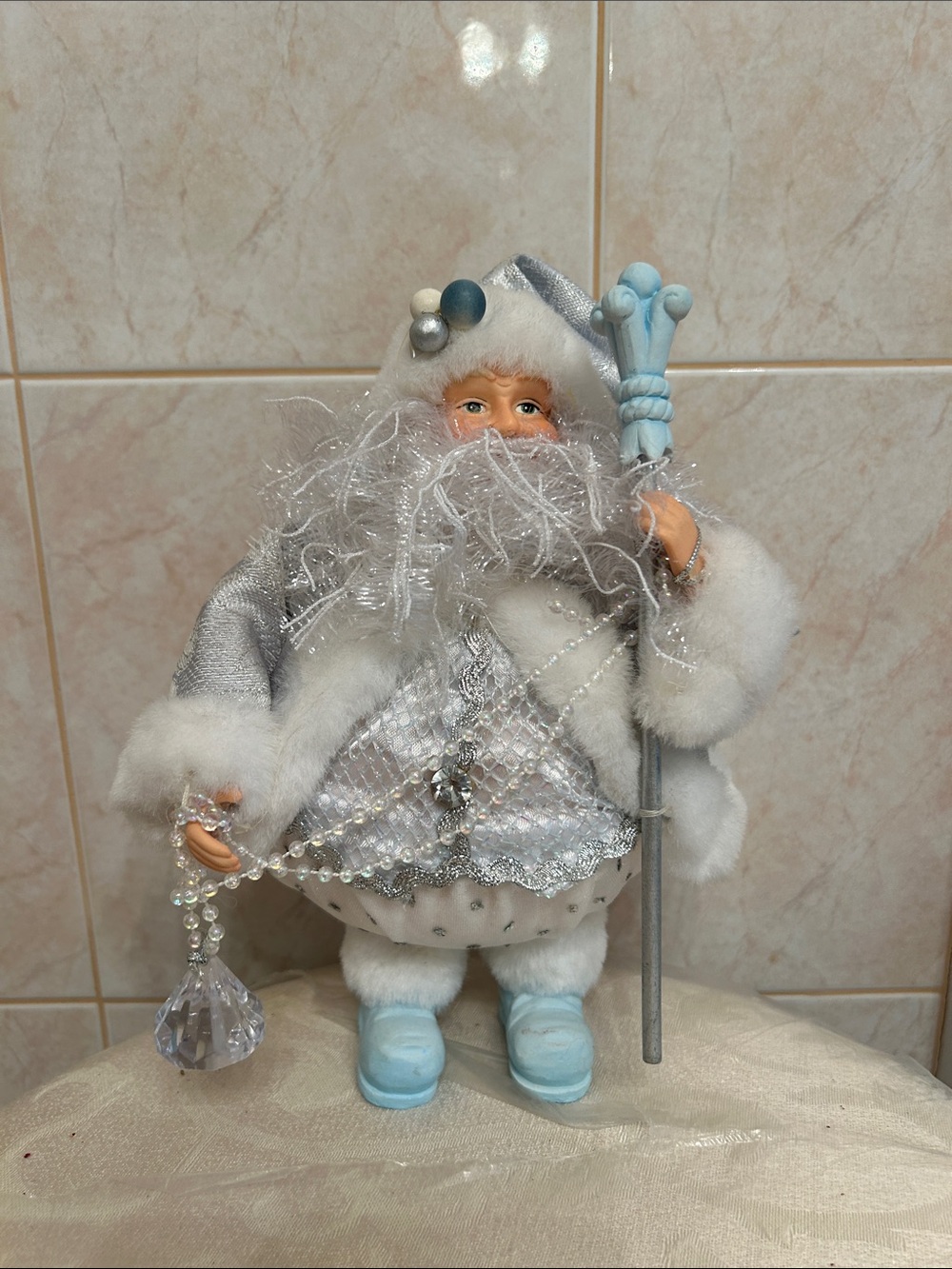 Silver & Light Blue Santa Figurine with Crystal Ornament